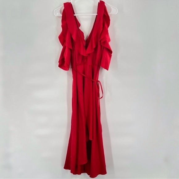 French Connection red cold shoulder dress ruffles faux wrap size 4 - Picture 2 of 13